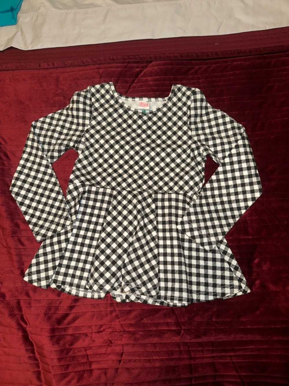 Ricrac & Ruffles boutiq Girls Black & White Gingham Peplum Top Kids Shirt size 6